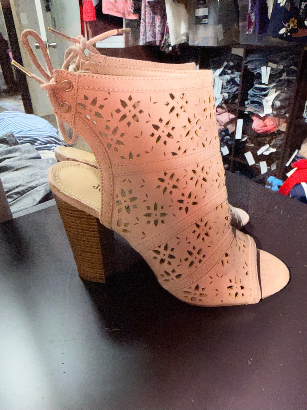 JustFab Blush Laser-Cut Open-Toe Block Heel Sandal